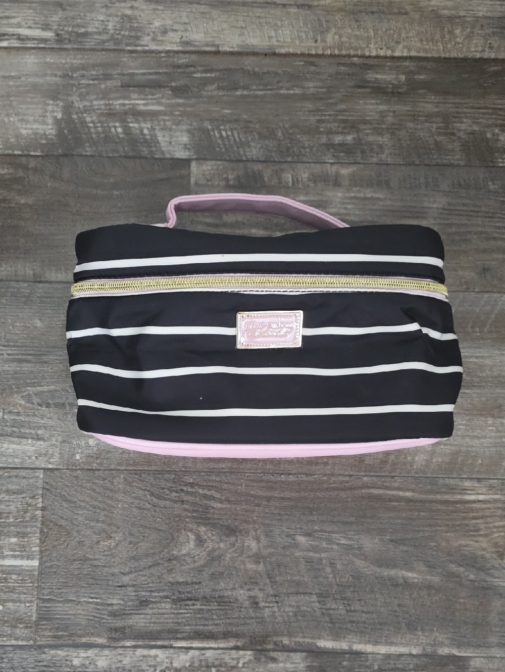Betsey Johnson Black and White Striped Cosmetic Case with Pink Trim